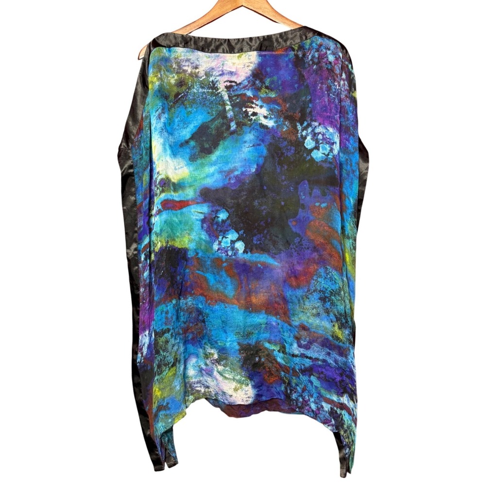 Aiden Mattox Women Size 0 Silk Abstract Watercolor Kaftan Poncho Top Blue Purple